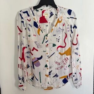 Anthropologie Maeve winter/Holiday blouse, size 2, skiing images on it- so fun!